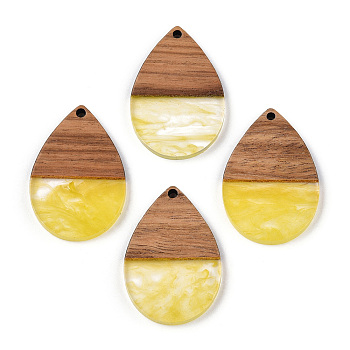 Transparent Resin & Walnut Wood Pendants, Teardrop Charms, Yellow, 36x24.5x3.5mm, Hole: 2mm