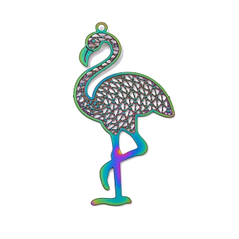 201 Stainless Steel Etched Metal Embellishments Pendants, Rainbow Color, Flamingo Shape, 44x21.5x0.3mm, Hole: 1.4mm