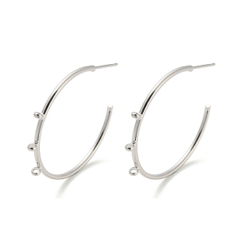 Brass Ring Stud Earrings Findings, Half Hoop Earring Findings, with Loops, Platinum, 31.5x34x1.6mm, Hole: 1.5mm, Pin: 10x0.7mm