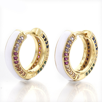 Brass Micro Pave Colorful Cubic Zirconia Huggie Hoop Earrings, with Enamel, Real 18K Gold Plated, White, 15.5x16.5x5mm, Pin: 1x1mm