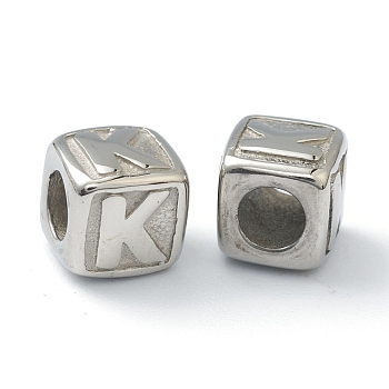 304 Stainless Steel European Beads, Large Hole Beads, Horizontal Hole, Cube with Letter, Stainless Steel Color, Letter.K, 8x8x8mm, Hole: 4mm