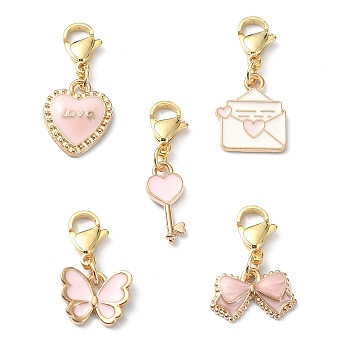 5Pcs Valentine's Day Alloy Enamel Pendants Decoratios, with Stainless Steel Lobster Claw Clasps, Mixed Shapes, Pink, 22~28mm
