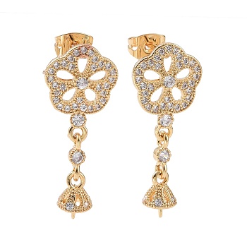 Brass Micro Pave Clear Cubic Zirconia Stud Earring Findings, with Ear Nuts, for Half Drilled Beads, Flower, Cadmium Free & Lead Free, Golden, 29mm, Pin: 0.8mm and 0.7mm(for half drilled beads)