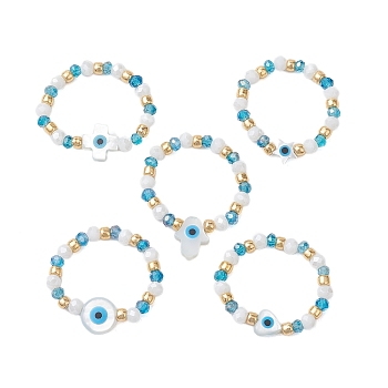 Glass Beaded Stretch Rings for Women, with Evil Eye Natural White Shell Mother of Pearl Shell Beads, Mixed Shapes, 3.5mm, Inner Diameter: 19mm