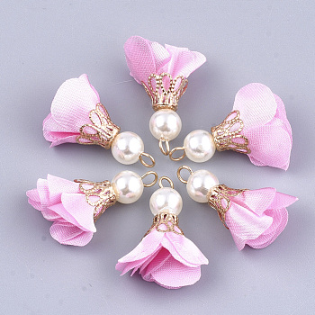 Iron Pendants, with Cloth and ABS Plastic Imitation Pearl, Flower, Golden, Pearl Pink, 25~32x15~25mm, Hole: 1~4mm