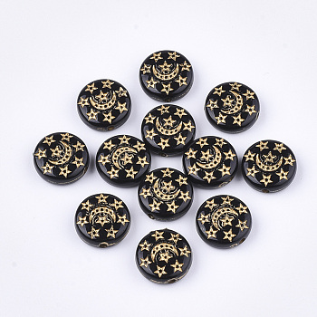 Plating Acrylic Beads, Metal Enlaced, Flat Round with Moon & Star, Black, 13x5mm, Hole: 1.5mm, about 895pcs/500g
