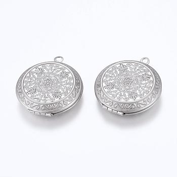 304 Stainless Steel Locket Pendants, Photo Frame Charms for Necklaces, Flat Round with Flower Pattern, Stainless Steel Color, 35.5x31x8mm, Hole: 2mm, inner size: 23mm
