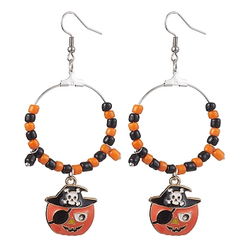 Glass Dangle Earrings, with Alloy Enamel Pendants and 316 Surgical Stainless Steel Earring Hooks, Pumpkin, For Halloween, Stainless Steel Color, 85x37mm