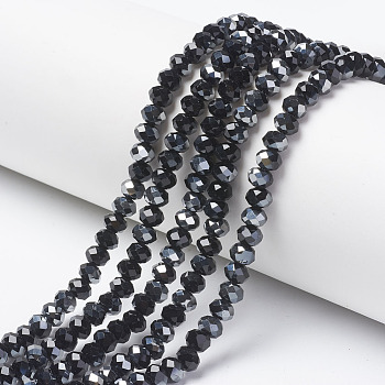 Electroplate Opaque Glass Beads Strands, Half Gray Plated, Faceted, Rondelle, Black, 6x5mm, Hole: 1mm, about 85~88pcs/strand, 16.1~16.5 inch(41~42cm)