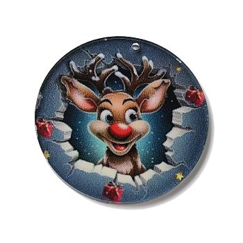 Printed Flat Round Christmas Themed Acrylic Pendants, Deer, 40x1.6mm, Hole: 2mm