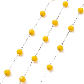 Glass Round Beaded Chains, with 304 Stainless Steel Findings, Unwelded, with Spool, Gold, 3x3.5mm, about 16.40 Feet(5m)/Roll