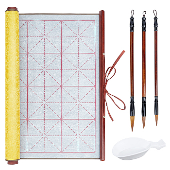 Elite 1Pc Chinese Calligraphy Brush Water Writing Magic Cloth Roll, with 1Pc Spoon Shape Ink Tray Containers and 3Pcs 3 Styles Brushes Pen, Mixed Color, 96~395x41~44x20~26mm