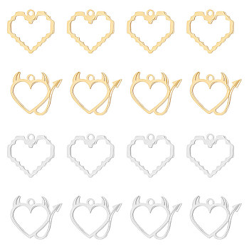 16Pcs 4 Style 201 Stainless Steel Pendants, Heart, Mixed Color, 15.5~16x18~19x1mm, Hole: 1.4~1.6mm, 4pcs/style