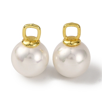 Rack Plating Brass & Shell Pearl Ball Pendants, Round Charms, Real 18K Gold Plated, 18.5x12mm, Hole: 4x3.5mm