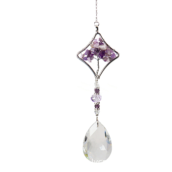 K9 Crystal Glass Big Pendant Decorations, Hanging Sun Catchers, with Amethyst Chip Beads, Rhombus with Tree of Life, Indigo, 37cm