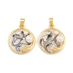Brass Enamel Pendants, with ABS Plastic Imitation Pearl, Flat Round Charms, Real 18K Gold Plated, Black, 21.5x18.5x6.5mm, Hole: 4x3mm(KK-CBAEBFB-08G-01)