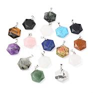 Faceted Gemstone Pendants, with Platinum Tone Brass Findings, Hexagon, 28x25x9mm, Hole: 4x5mm(G-F340-03)