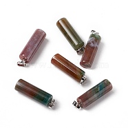 Natural Indian Agate Pendants, with Platinum Tone Brass Findings, Column Charm, 27x8mm, Hole: 6x3.2mm(G-E135-02P-04)
