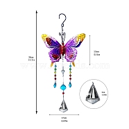 Metal Butterfly Wind Chimes, with Glass Charms, Hanging Ornaments, Magenta, 360mm(PW-WG35278-02)