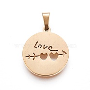 304 Stainless Steel Pendants, Flat Round with Love, Golden, 19~20x16~17x1.5mm, Hole: 5x2.5mm(STAS-P234-12G)