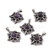 Natural Amethyst Pendants, Flat Round Charms with Flower, with Antique Silver Color Brass Findings, 26x23.5x7.5mm, Hole: 4x4mm(KK-A173-07AS-02)