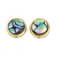 Natural Paua Shell Beads, with Brass Edge, Golden, Flat Round, 15x8mm, Hole: 1.7mm(SSHEL-M024-03A-G)