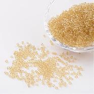 12/0 Glass Seed Beads, Transparent, Round, Pale Goldenrod, 2mm, Hole: 1mm, about 3100pcs/50g(X-SEED-A004-2mm-2)