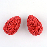 Carved Flower Cinnabar Beads, teardrop, FireBrick, 20.5x13.5x13.5mm, Hole: 2mm(X-CARL-Q004-53)