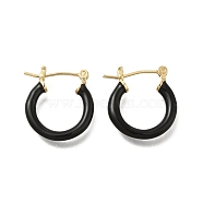 Brass Enamel Hoop Earrings for Women, Flat Round, Light Gold, Black, 20x19.5x4mm, Pin: 0.8mm(EJEW-M211-01LG-B)