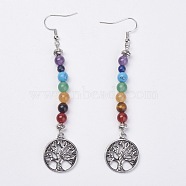 Alloy Dangle Earrings, with Gemstone Beads and Brass Earring Hooks, Flat Round with Tree of Life, Antique Silver, 94mm, pin: 0.8mm(X-EJEW-F183-01)
