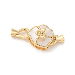 Brass Fold Over Clasps with Shell, Flower, Real 18K Gold Plated, Flower: 13x14x8mm, Clasp: 10.5x6x4mm, Inner Diameter: 3mm(KK-M270-22G)