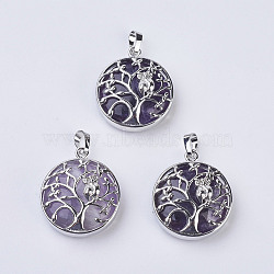 Natural Amethyst Pendants, with Brass Findings, Flat Round with Tree of Life, Platinum, 31~32x27x8~9mm, Hole: 5x7mm(G-K234-E14)