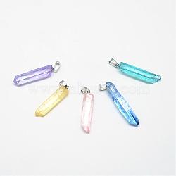 Natural Quartz Crystal Pointed Pendants, with Platinum Tone Iron Findings, Bullet, Mixed Color, 35~42x8.5~9.5x7~7.5mm, Hole: 4x6mm(G-T010-07)