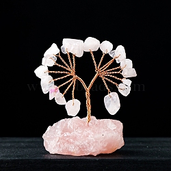 Natural Rose Quartz Chips Tree of Life Decorations, Gemstone Base with Copper Wire Feng Shui Energy Stone Gift for Home Office Desktop Decoration, 55~70x35~55mm(PW-WG58129-01)