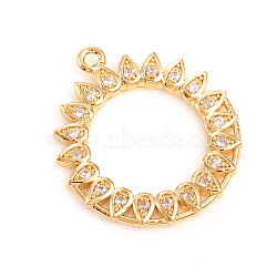Brass Micro Pave Cubic Zirconia Pendants, Ring with Leaf, Clear, Golden, 22x19.5x1.5mm, Hole: 1.2mm(KK-E788-01G)