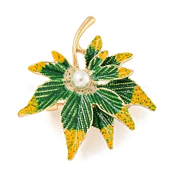 Leaf Shape Alloy Enamel Layered Brooch, with Resin Imitation Pearl, Light Gold, Light Green, 43.87x39.43mm(JEWB-U006-02A-KCG)