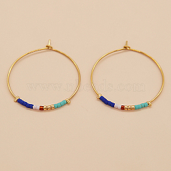 Glass Seed Beaded Hoop Earrings, Boho Beach Earrings, Blue, 30x30mm(XS8443-11)
