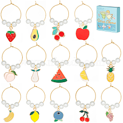 Alloy Enamel Wine Glass Charms, with Brass Hoop Earring Findings and Glass Pearl Bead, Mixed Shapes Fruit, Mixed Color, 48~55mm, 14pcs/set(AJEW-SC0002-10)