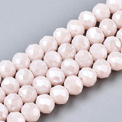 Electroplate Glass Beads Strands, Pearl Luster Plated, Faceted, Rondelle, Misty Rose, 6x5mm, Hole: 1mm, about 85~88pcs/strand, 16.1~16.5 inch(41~42cm)(EGLA-A034-P6mm-A08)