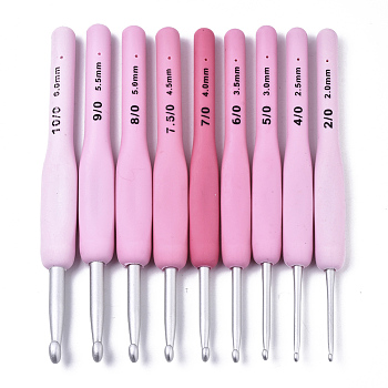 Aluminum Diverse Size Crochet Hooks Set, with TPR Handle, for Braiding Crochet Sewing Tools, Pearl Pink, 137x11.5~13.5x8~9mm, pin: 2mm/2.5mm/3mm/3.5mm/4mm/4.5mm/5mm/5.5mm/6mm, 9pcs/set
