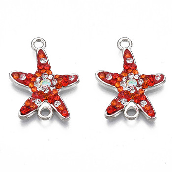 Rack Plating Alloy Links Connectors, with Polymer Clay Rhinestone, Cadmium Free & Lead Free, Platinum Plated, Starfish, Crystal AB, 22x16.5x2.5mm, Hole: 1.8mm