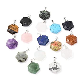 Faceted Gemstone Pendants, with Platinum Tone Brass Findings, Hexagon, 28x25x9mm, Hole: 4x5mm