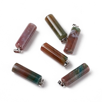 Natural Indian Agate Pendants, with Platinum Tone Brass Findings, Column Charm, 27x8mm, Hole: 6x3.2mm