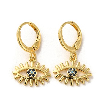 Horse Eye Brass Dangle Leverback Earrings, with Cubic Zirconia, Real 18K Gold Plated, 25x14.5mm