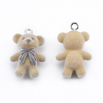 Opaque Resin Pendants, with Platinum Tone Iron Loops, Flocky Bear Charm with Bowknot, Tan, 30x20x12.5mm, Hole: 2.5mm