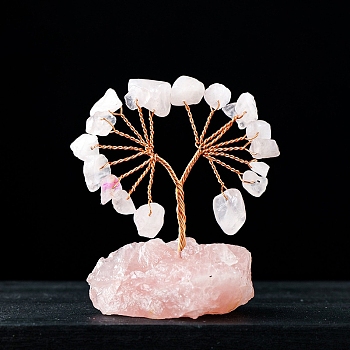 Natural Rose Quartz Chips Tree of Life Decorations, Gemstone Base with Copper Wire Feng Shui Energy Stone Gift for Home Office Desktop Decoration, 55~70x35~55mm