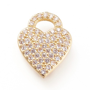 Brass Micro Pave Clear Cubic Zirconia Pendants, Long-Lasting Plated, Heart, Golden, 15.5x12x2mm, Hole: 3x4mm