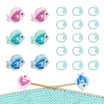 6Pcs 3 Colors Fish Silicone Beads Knitting Needle Protectors/Knitting Needle Stoppers, with 15Pcs Alloy Knitting Stitch Markers, for Knitting Tools, Mixed Color, 23.5x30x9.5mm, Hole: 2.5mm