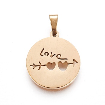 304 Stainless Steel Pendants, Flat Round with Love, Golden, 19~20x16~17x1.5mm, Hole: 5x2.5mm