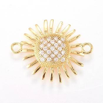 Brass Micro Pave Cubic Zirconia Links, Clear, Real 18K Gold Plated, Flower, 19x25x3.5mm, Hole: 1.5mm